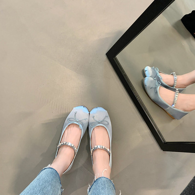 Giày Búp Bê Mũi Tròn Đế Bằng Siêu Mềm Đính Đá Trang Trí Lấp Lánh Hợp Thời Trang