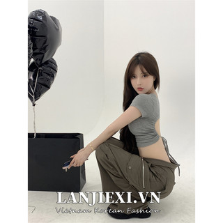 LANJIEXI Áo Thun Ngắn Tay Hở Lưng Phối Dây Rút Gợi Cảm Cho Nữ