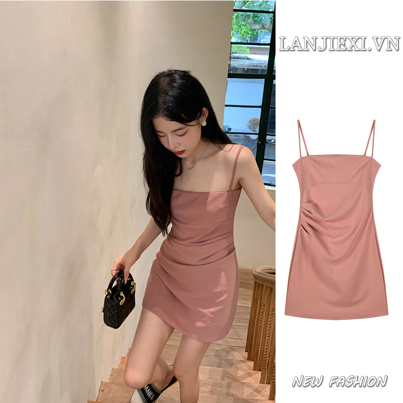 LANJIEXI Đầm Hai Dây Thiết Kế Quyến Rũ Thời Trang Theo Phong Cách Pháp