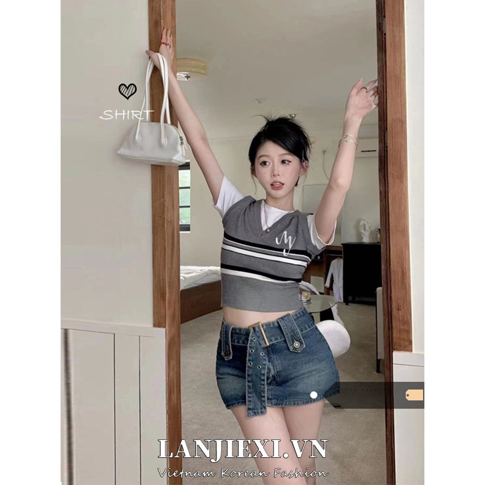 LANJIEXI Áo Thun Ngắn Tay Giả Hai Lớp Thời Trang Mùa Hè Cho Nữ