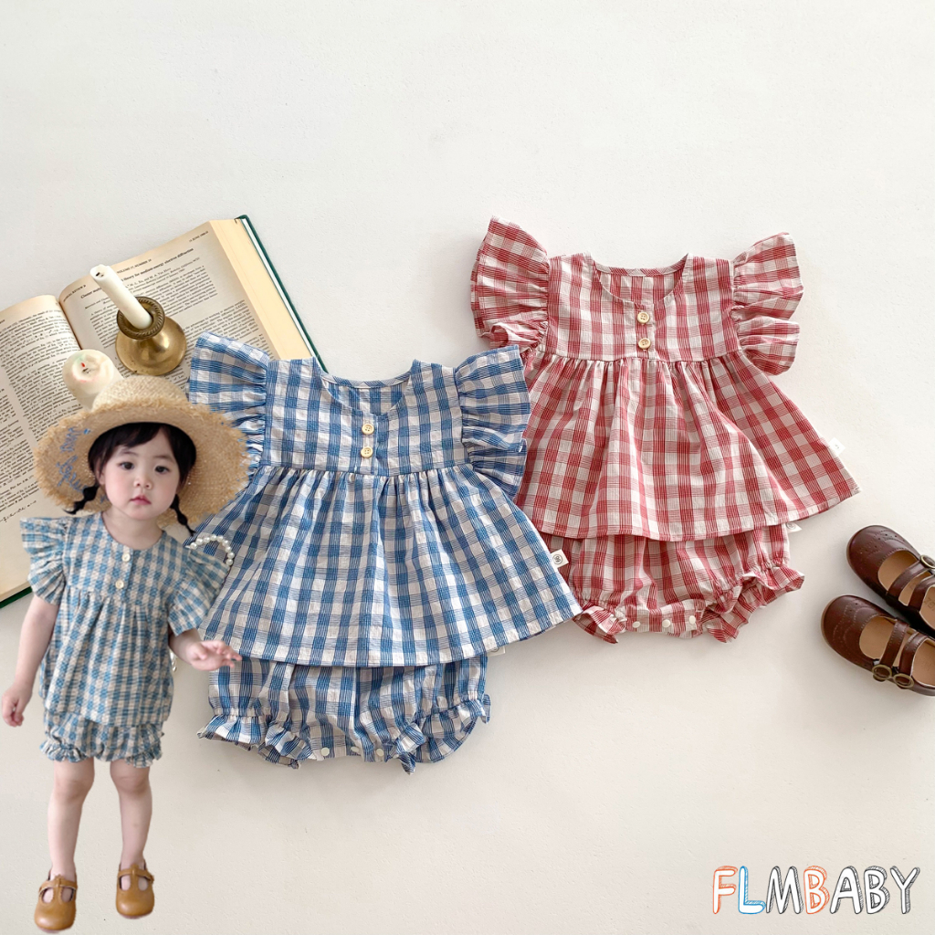 Bộ Áo Sơ Mi Kẻ Sọc Caro + Quần Short Thời Trang Mùa Hè Cho Bé Gái