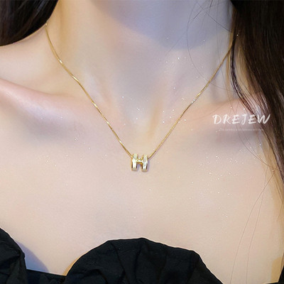 DREJEW Vòng Cổ Mạ Dính Zircon H Nhân Tạo Hình Chữ CáI Phong Cách Hàn Quốc Dây Chuyền Vàng