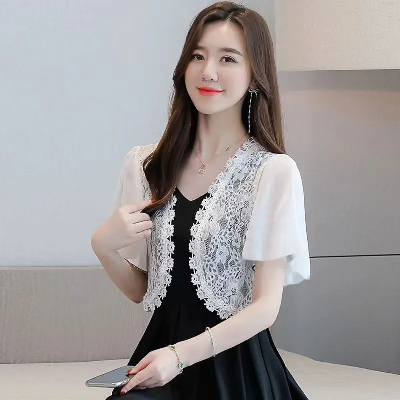 Phụ Nữ Hàn Quốc Bolero Trắng Đen Tay Ngắn Shrug Ren Bolero Cho Nữ Đầm COD Plus Size XXL, XXXL