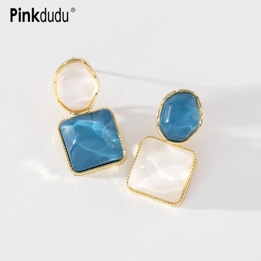 Khuyên tai hợp kim PINKDUDU PD1168 trong suốt gợn sóng nước màu sắc tương phản phong cách Pháp đơn giản sáng tạo cho nữ