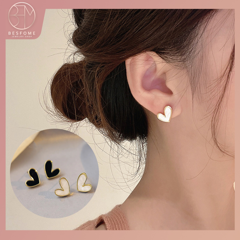 Khuyên Tai Hình Trái Tim Màu Trắng Đen Đơn Giản Thời Trang Cho Nữ