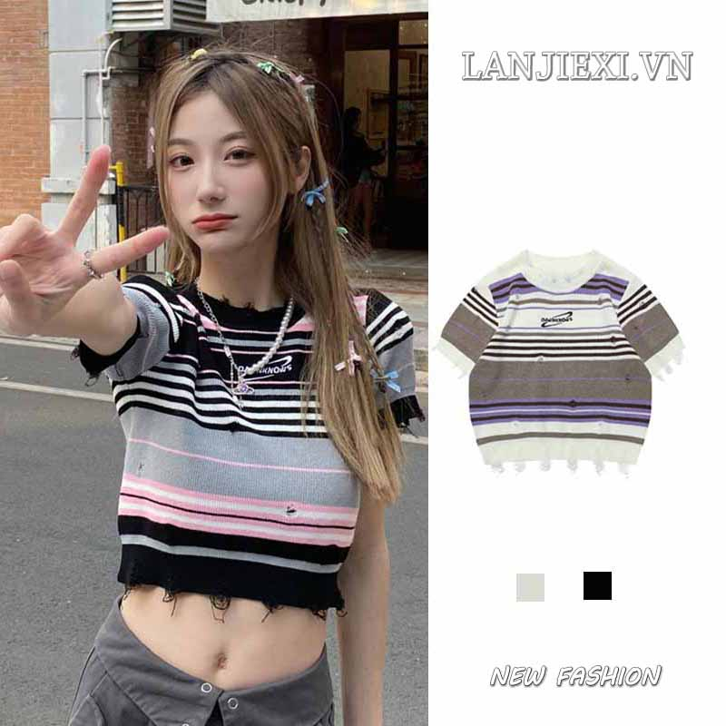 LANJIEXI Áo Croptop Dệt Kim Ngắn Tay Lưng Cao Thời Trang Hong Kong Cá Tính