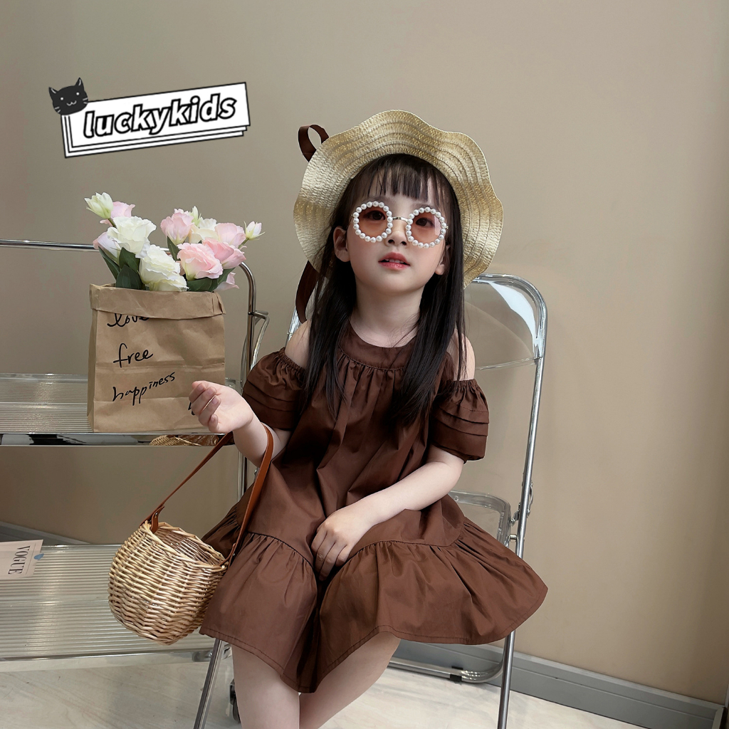 Đầm Trễ Vai Tay Ngắn Màu Sắc Ngọt Ngào Phong Cách Công Chúa Cho Bé Gái