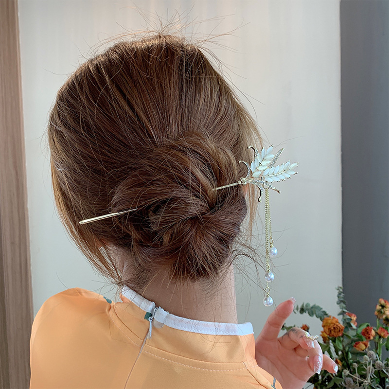 GETNOIVAS Đũa Hợp Kim Cài Tóc Tua Rua Lúa Mì Đính Ngọc Trai Cho Nữ