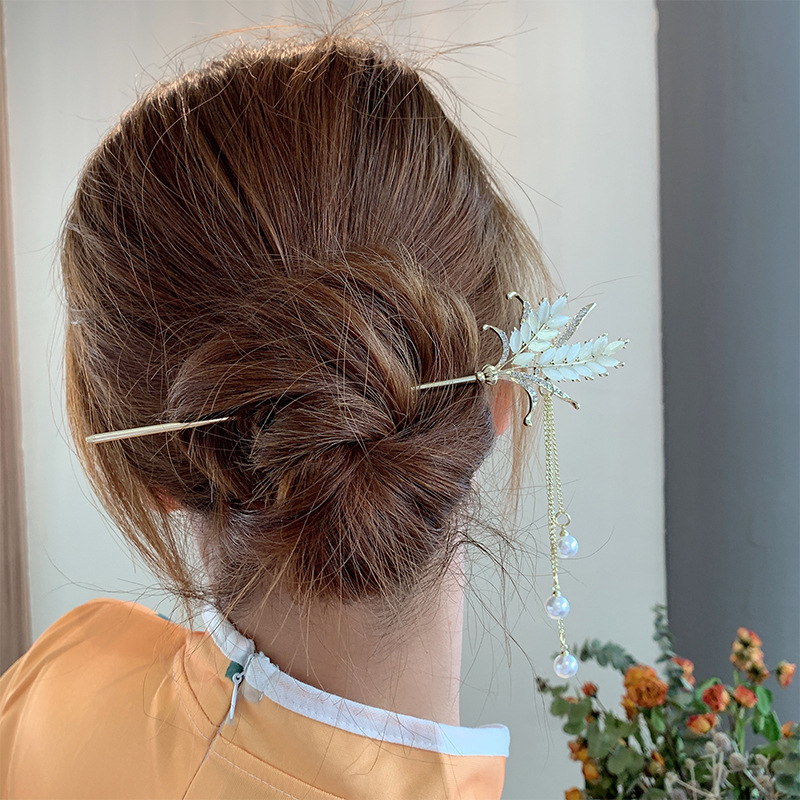 GETNOIVAS Đũa Hợp Kim Cài Tóc Tua Rua Lúa Mì Đính Ngọc Trai Cho Nữ