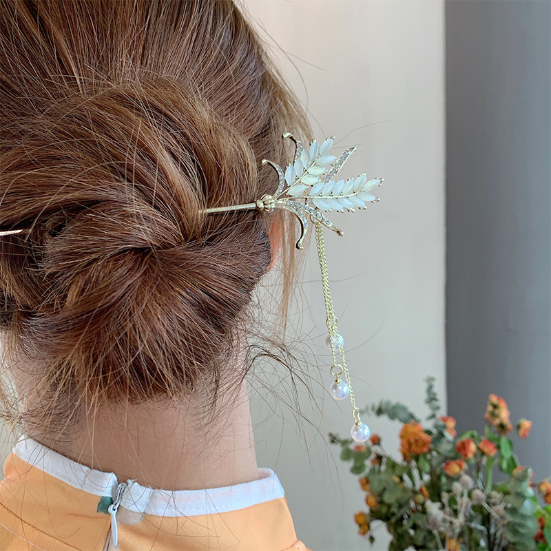 GETNOIVAS Đũa Hợp Kim Cài Tóc Tua Rua Lúa Mì Đính Ngọc Trai Cho Nữ