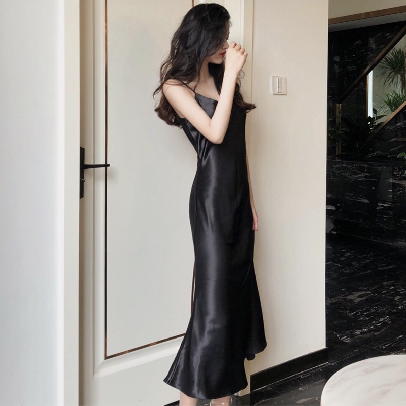 SF♫Women´s Satin Sleeveless Suspender Dress V-Neck Fishtail Design Long Dress
