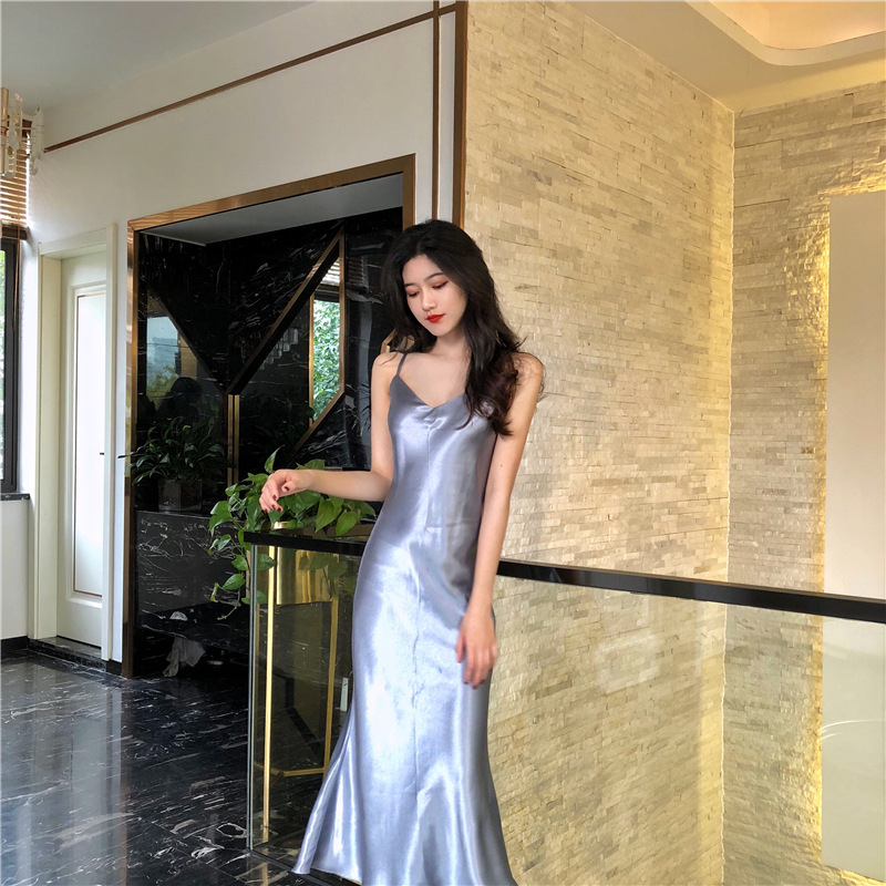 SF♫Women´s Satin Sleeveless Suspender Dress V-Neck Fishtail Design Long Dress