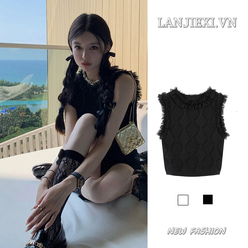 LANJIEXI Áo Sweater Không Tay Lưng Cao Ôm Dáng Gợi Cảm Dành Cho Nữ