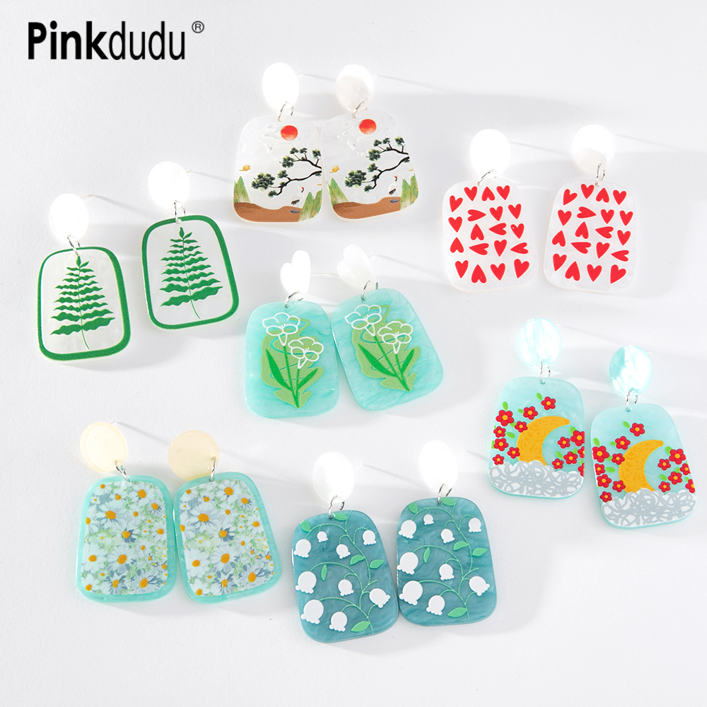 Khuyên tai PINKDUDU PD1258 hình vuông bằng hợp kim acrylic họa tiết hoa xinh xắn thời trang cho nữ