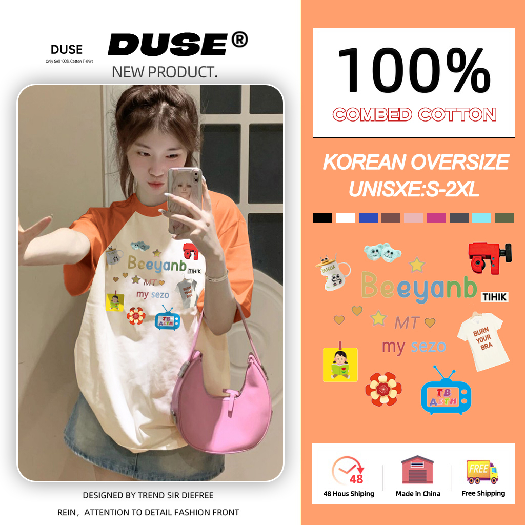 「DUSE」Áo Thun 100% cotton Tay Ngắn Dáng Rộng In Họa Tiết Hoạt Hình Màu Cam Phong Cách Hàn Quốc Thời Trang Mùa Hè Cho Nam Và Nữ