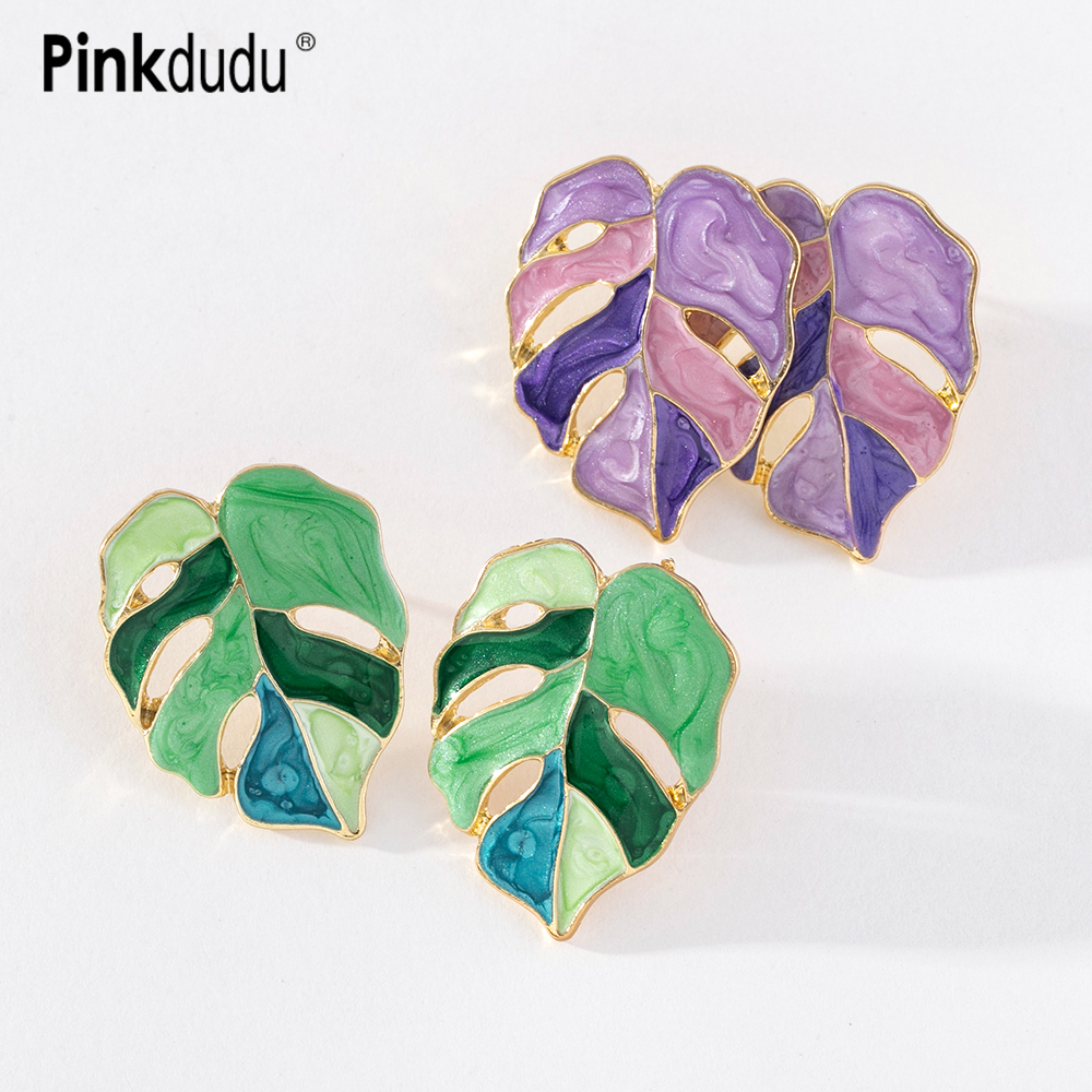 Khuyên tai Pinkdudu PD1275 hình chiếc lá bằng hợp kim tráng men thời trang đơn giản dễ phối đồ cho nữ