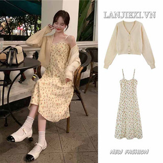 LANJIEXI Đầm Hai Dây Dáng Dài Họa Tiết Hoa Phong Cách Pháp Ngọt Ngào