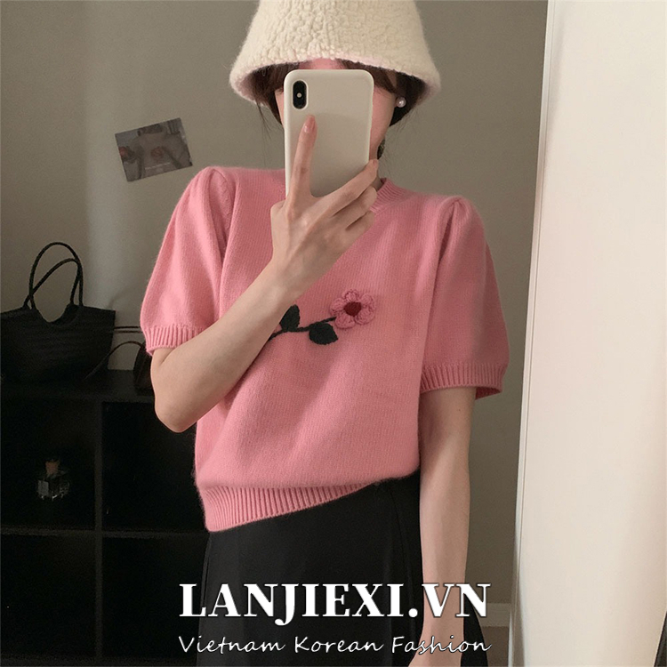 LANJIEXI Áo Sweater Tay Phồng Ngắn Thời Trang Trẻ Trung