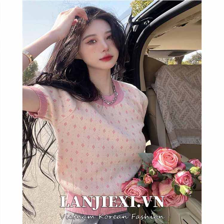 LANJIEXI Áo Sweater Tay Ngắn Dáng Rộng Phong Cách Thời Trang Hàn Quốc