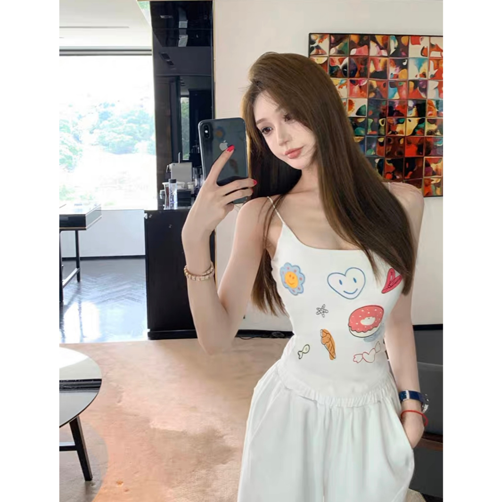 Áo Hai Dây Dáng Ôm In Họa Tiết Vui Nhộn Thời Trang Quyến Rũ Cho Nữ