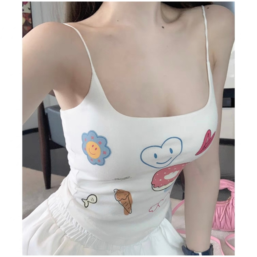 Áo Hai Dây Dáng Ôm In Họa Tiết Vui Nhộn Thời Trang Quyến Rũ Cho Nữ