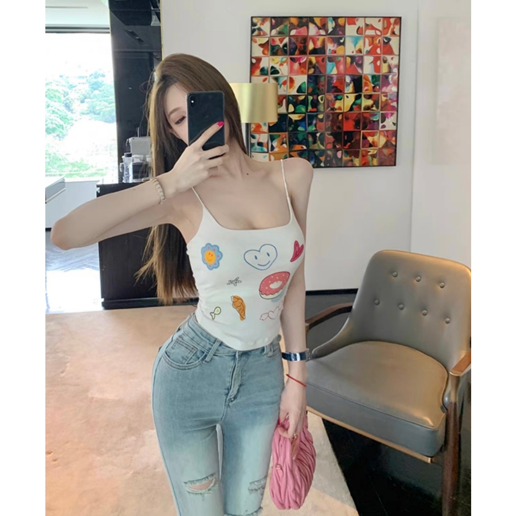 Áo Hai Dây Dáng Ôm In Họa Tiết Vui Nhộn Thời Trang Quyến Rũ Cho Nữ