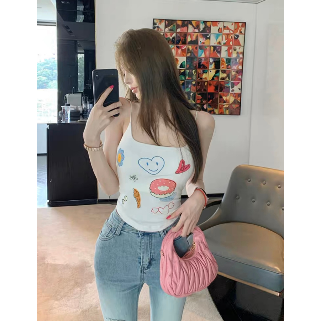 Áo Hai Dây Dáng Ôm In Họa Tiết Vui Nhộn Thời Trang Quyến Rũ Cho Nữ