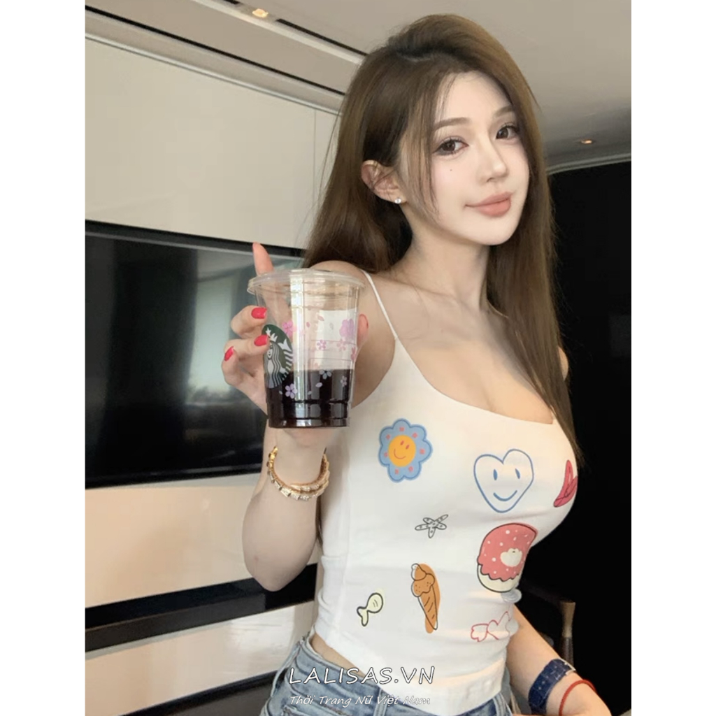 Áo Hai Dây Dáng Ôm In Họa Tiết Vui Nhộn Thời Trang Quyến Rũ Cho Nữ