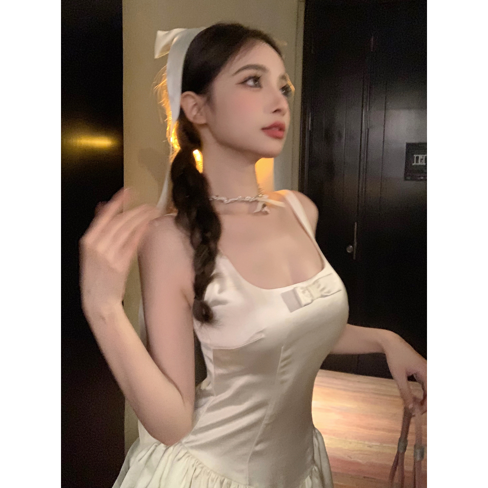 【COLORBLLIND】Đầm Múa Ba Lê Hai Dây Thắt Nơ Eo Hẹp Bằng Vải Satin Phong Cách Retro Cá Tính Dành Cho