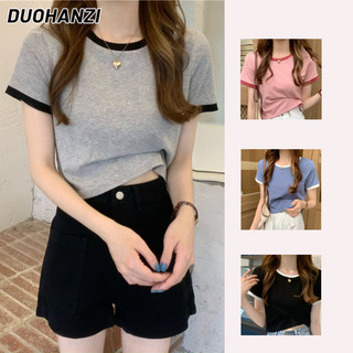 DUOHANZI  Áo Thun Tay Ngắn Cổ Tròn Màu Sắc Tương Phản Phong Cách Hàn Quốc Cho Nữ  thanh lý cuối mùa