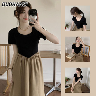 DUOHANZI Đầm Ôm Eo Phối Màu Độc Đáo Thời Trang Mùa Hè Hàn Quốc Cho Nữ