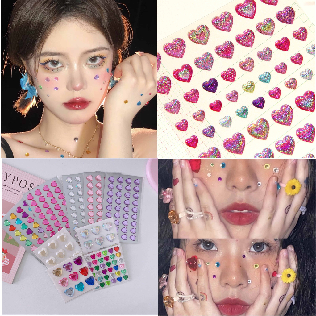 Phong Cách Hàn Quốc Sáng Bóng Trái Tim Dễ Thương Miếng Dán Pha Lê Mặt Cô Gái Cánh Tay Dán DIY Trang Trí Thủ Công