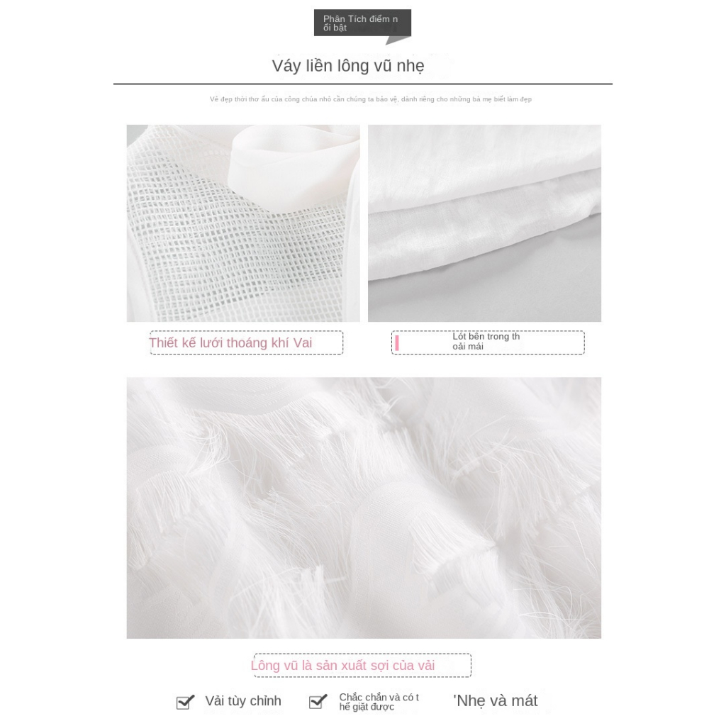 Đầm Công Chúa Màu Trơn Phối Lưới Thoáng Khí Đính Lông Vũ Thời Trang Cho Bé Gái