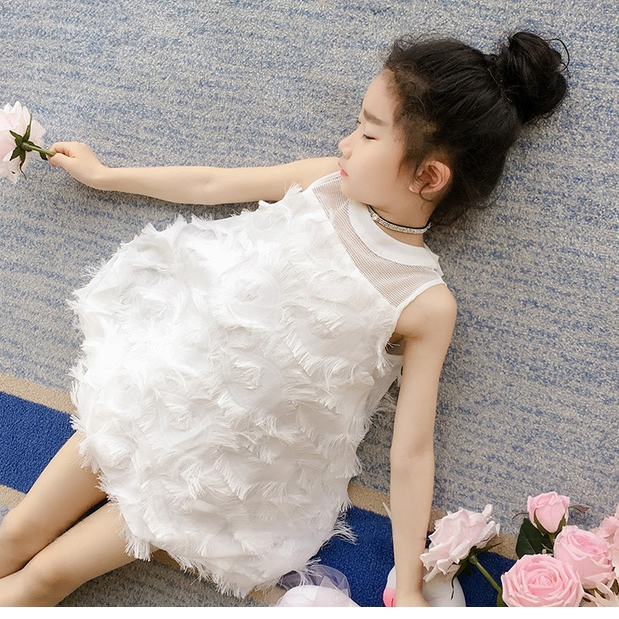 Đầm Công Chúa Màu Trơn Phối Lưới Thoáng Khí Đính Lông Vũ Thời Trang Cho Bé Gái