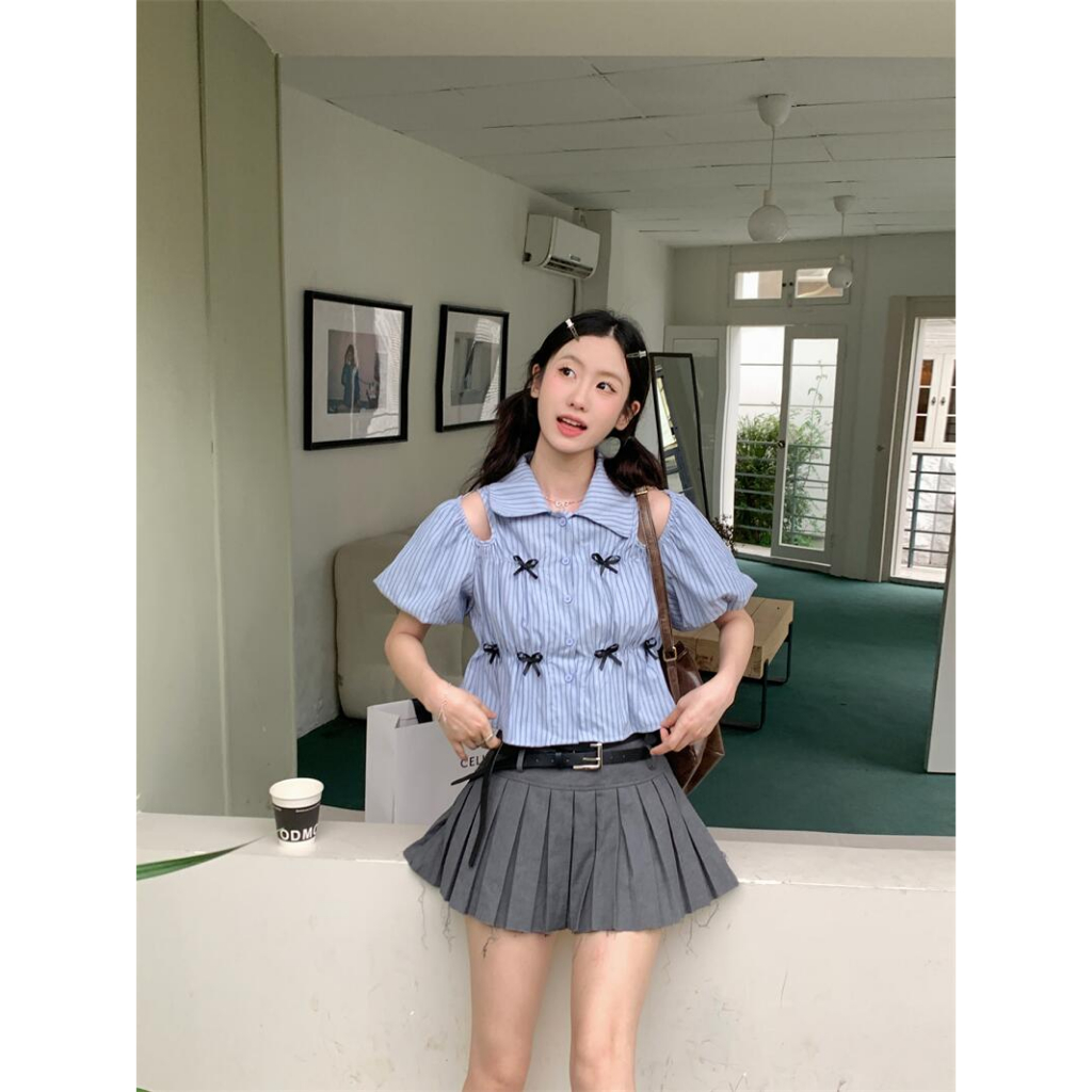 QOEDDV Áo Sơ Mi Tay Ngắn Hở Vai Thắt Nơ Eo Họa Tiết Kẻ Sọc Màu Xanh Dương Dành Cho Bạn Nữ
