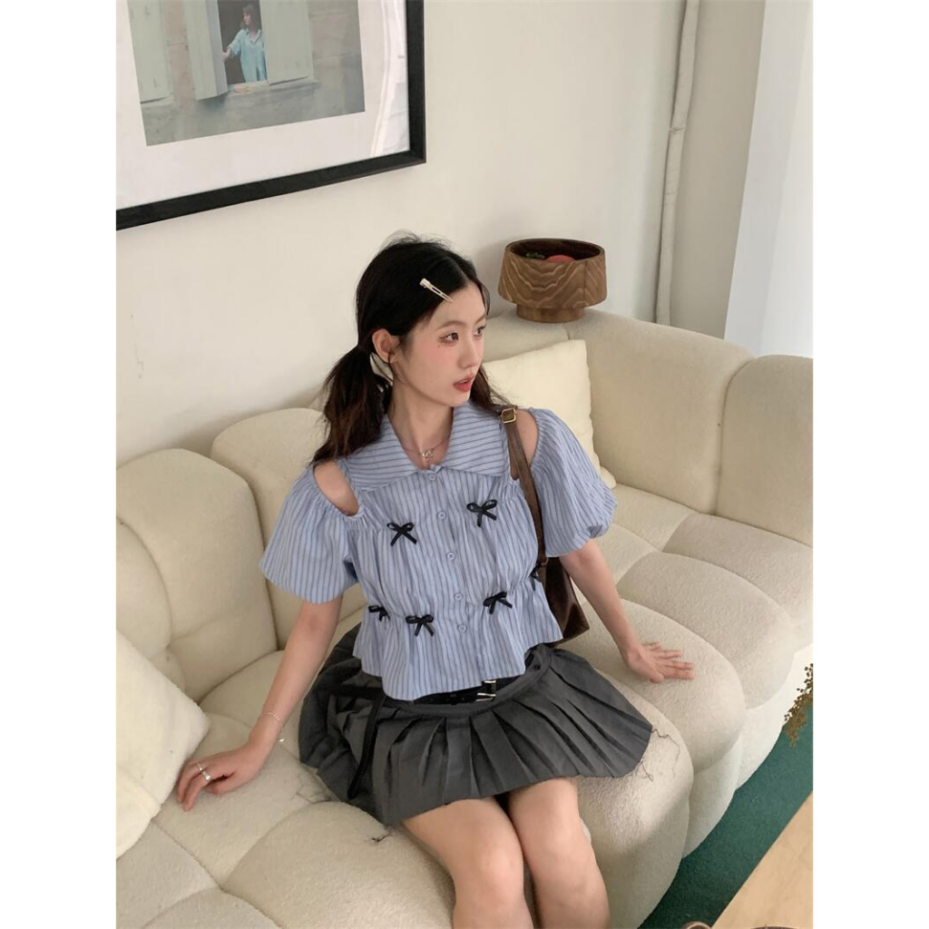 QOEDDV Áo Sơ Mi Tay Ngắn Hở Vai Thắt Nơ Eo Họa Tiết Kẻ Sọc Màu Xanh Dương Dành Cho Bạn Nữ