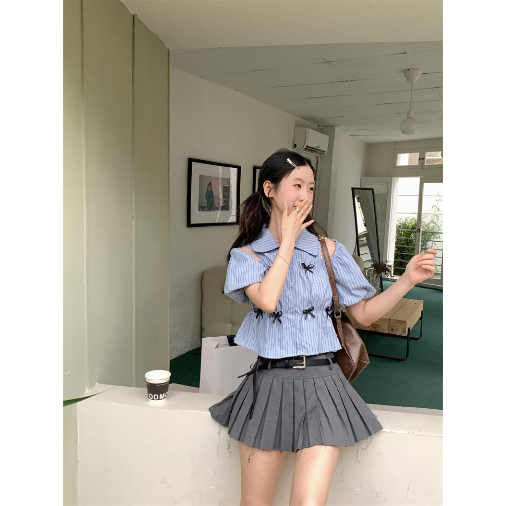 QOEDDV Áo Sơ Mi Tay Ngắn Hở Vai Thắt Nơ Eo Họa Tiết Kẻ Sọc Màu Xanh Dương Dành Cho Bạn Nữ