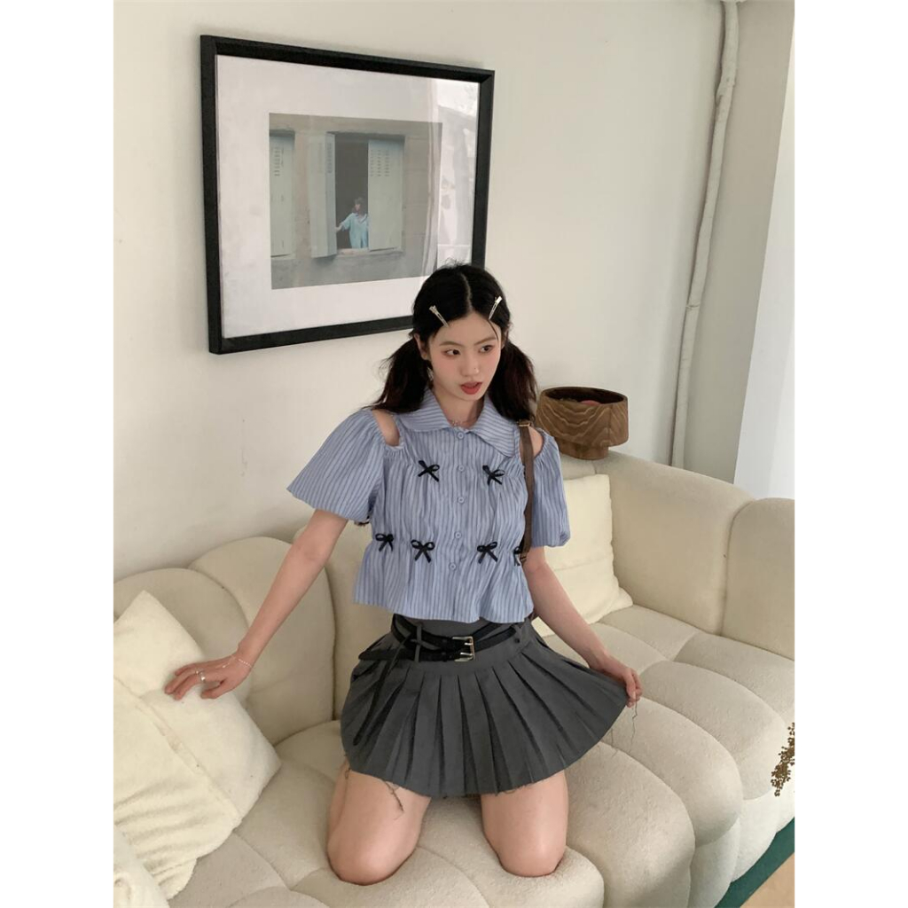QOEDDV Áo Sơ Mi Tay Ngắn Hở Vai Thắt Nơ Eo Họa Tiết Kẻ Sọc Màu Xanh Dương Dành Cho Bạn Nữ