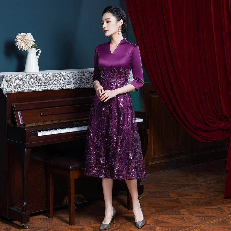 Đầm Dự Tiệc Dáng Ôm Màu Tím Thêu Họa Tiết Size L-5XL Thời Trang Sang Trọng Cho Nữ