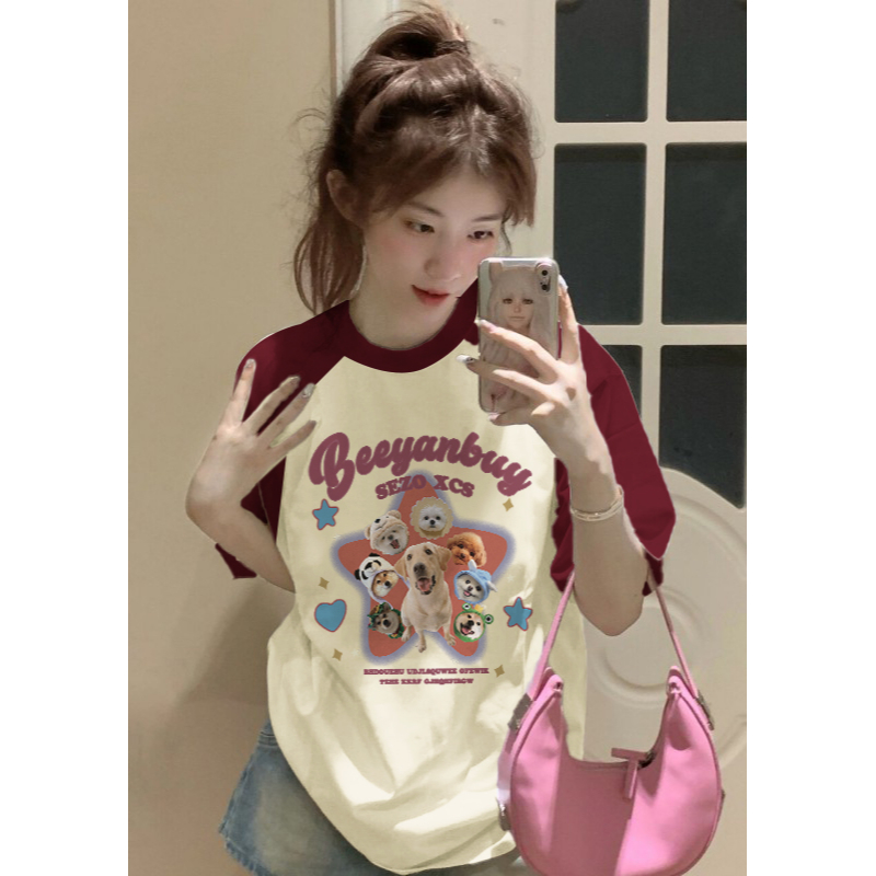 「DUSE」Áo Thun 100% cotton Tay Ngắn Dáng Rộng In Hình Cún Phong Cách Hàn Quốc Dành Cho Nam Và Nữ