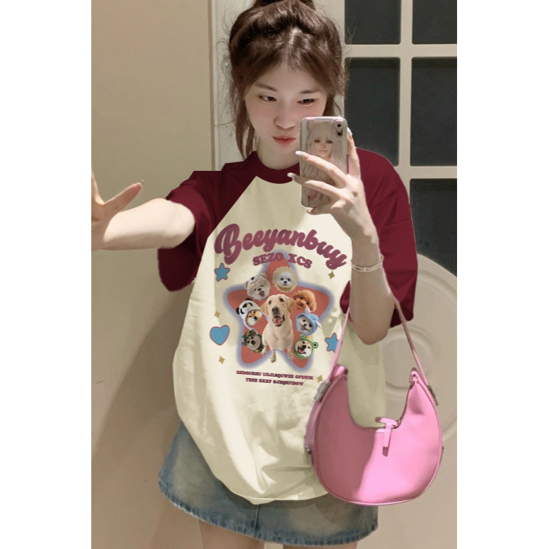 「DUSE」Áo Thun 100% cotton Tay Ngắn Dáng Rộng In Hình Cún Phong Cách Hàn Quốc Dành Cho Nam Và Nữ