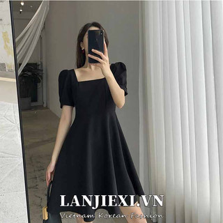 Đầm LANJIEXI tay phồng cổ vuông nhấn eo phong cách retro