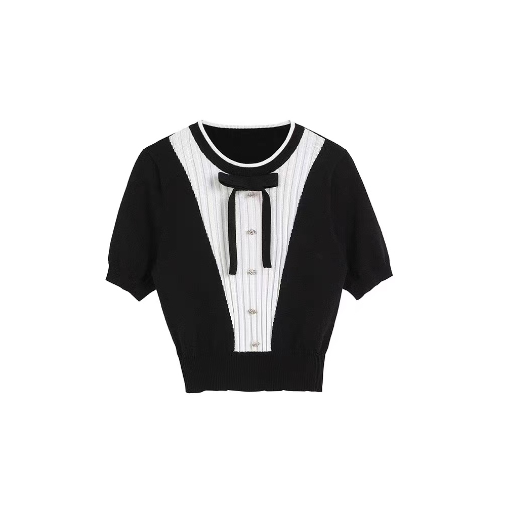 Áo Dệt Kim Phối Nơ Màu Sắc Tương Phản Thời Trang Mùa Hè Cho Nữ