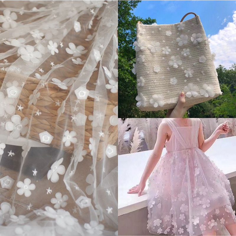 1Yard Lưới Mềm 3D Thêu Ren Vải Quần Áo Vải