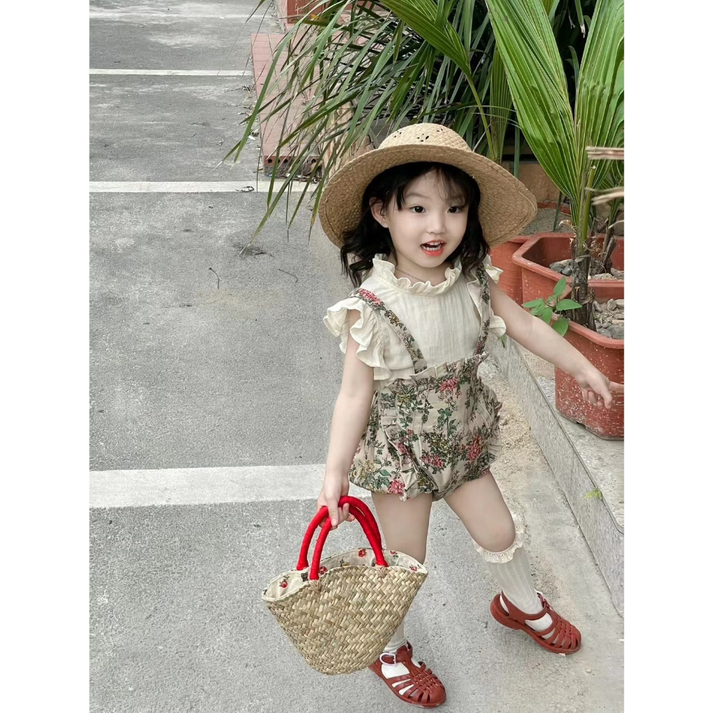 Bộ Áo Và Quần Yếm Ngắn In Hoa Phong Cách Retro Thời Trang Mùa Hè Mới Dành Cho Bé Gái