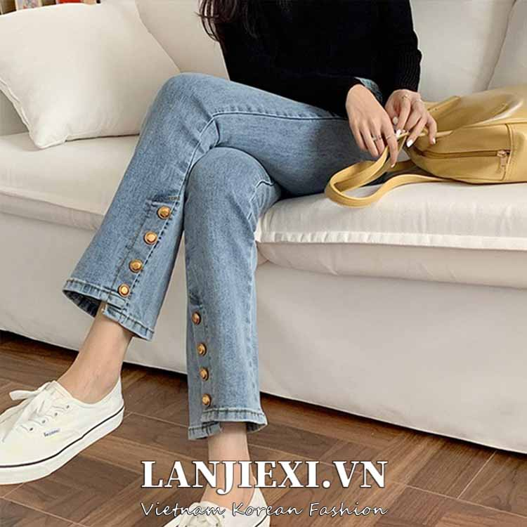 LANJIEXI Quần jean Daduhey lưng cao ống suông ôm vừa vặn phối nút cài dễ phối đồ thời trang cho nữ có size lớn