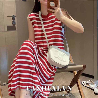 Minimalist labo đầm dệt kim sát nách dáng dài form rộng họa tiết kẻ sọc phong cách pháp