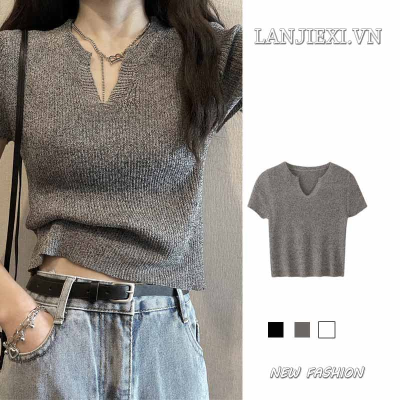 LANJIEXI Áo Sweater Tay Ngắn Dáng Ôm Thiết Kế Trẻ Trung Năng Động