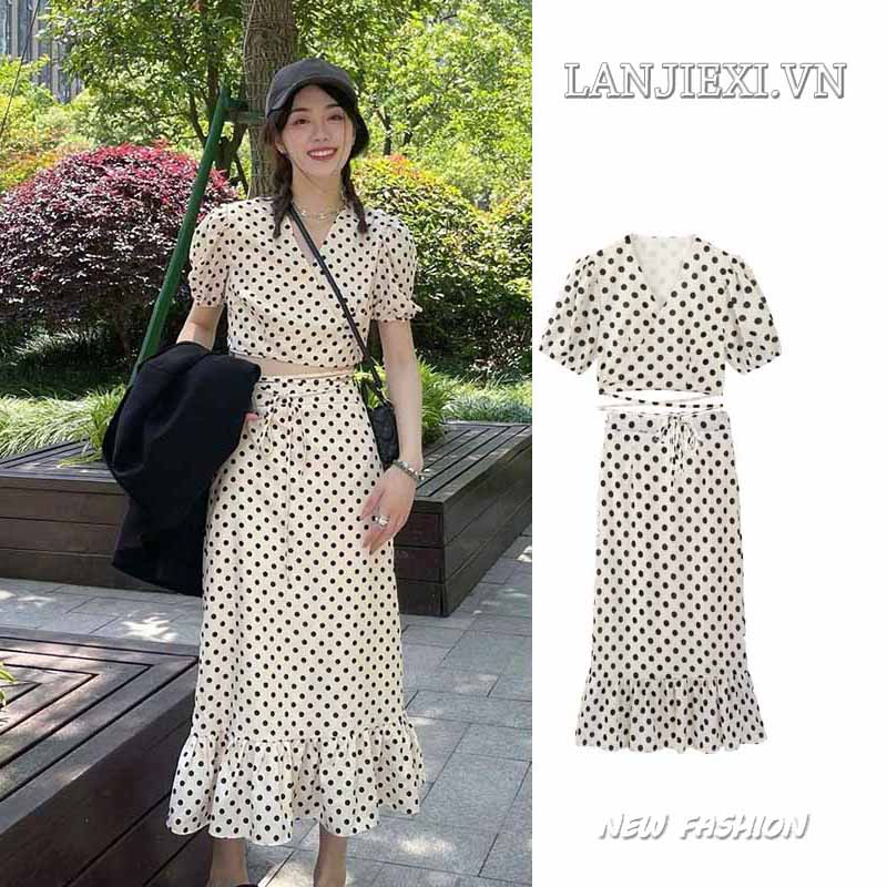 LANJIEXI Đầm Dài Tay Phồng Họa Tiết Chấm Bi Xinh Xắn Dành Cho Nữ