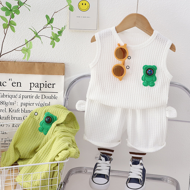 Set Đồ Mùa Hè 2 Món Gồm Áo Sát Nách Cổ Tròn In Họa Tiết Gấu Hoạt Hình + Quần Ngắn Thời Trang Cho Bé Sơ Sinh